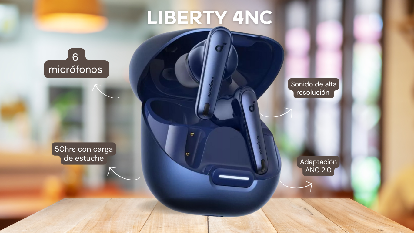 Audifonos Anker Soundcore Liberty 4nc Auriculares Liberty 4NC en su estuche de carga, en color azul.